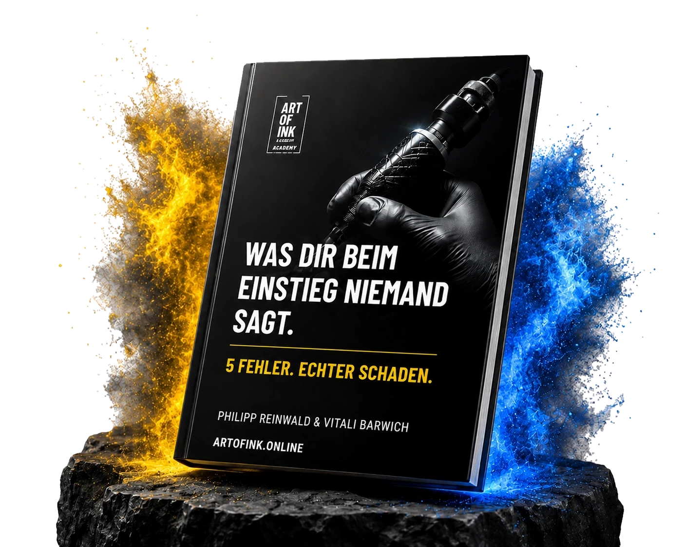 5 Fehler beim Einstieg ins Tätowieren — kostenloser Leitfaden von Art of Ink Academy als Buch-Mockup