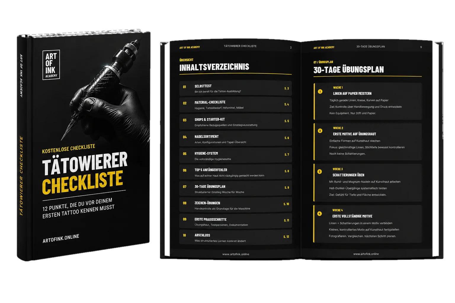Vorschau der Tätowierer-Checkliste — Cover und aufgeschlagene Innenseiten