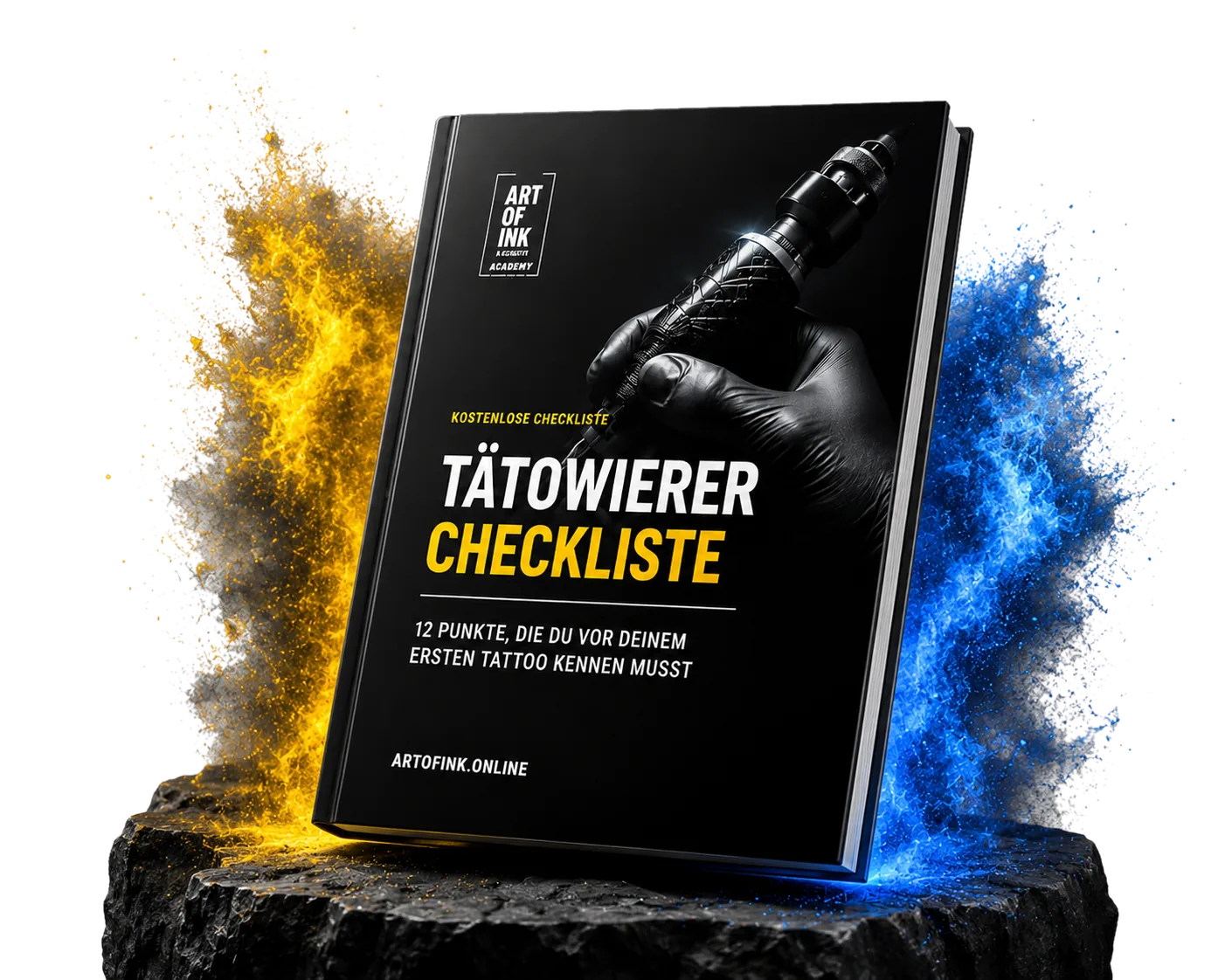 Tätowierer-Checkliste von Art of Ink Academy — kostenlose 12-Punkte-PDF als Buch-Mockup